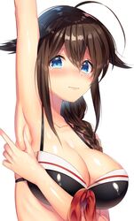  adapted_costume ahoge arm_up armpits bad_id bad_twitter_id bikini black_bikini blue_eyes blush braid breasts brown_hair closed_mouth collarbone embarrassed female hair_between_eyes hair_flaps highres kantai_collection large_breasts lips long_hair looking_at_viewer ntk_(7t5) sailor_bikini sailor_collar shigure_(kancolle) shigure_kai_ni_(kancolle) shiny_clothes simple_background single_braid solo swimsuit upper_body white_background 