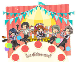  5boys apron asselin_bb_ii balloon cafe_parade_(idolmaster) cake chef chibi commentary_request cup food french_text frying_pan idolmaster idolmaster_side-m kamiya_yukihiro maid_apron maid_headdress male_focus mizushima_saki multiple_boys otoko_no_ko pancake san-banchi satan_(idolmaster) shinonome_soichiro teacup teapot uzuki_makio waiter waitress 