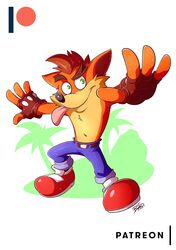  2017 4_fingers activision anthro bandicoot belt biped bottomwear brown_hair cel_shading clothed clothing crash_(series) crash_bandicoot eyebrows fingerless_gloves fingers footwear front_view fur gloves green_eyes hair handwear looking_at_viewer male mammal marsupial mohawk mrsakai orange_body orange_fur pants pose shaded shoes short_hair simple_background smile solo spread_arms standing tongue tongue_out toony topless white_background 