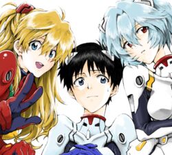  1boy 2girls ayanami_rei black_hair blonde_hair blue_eyes blue_hair ikari_shinji long_hair multiple_girls neon_genesis_evangelion open_mouth plugsuit red_eyes short_hair simple_background soryu_asuka_langley sweatdrop togetsuhou v 