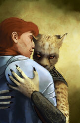  2015 armor brown_sclera bruce_(hattonslayden) cheetah claws closed_eyes clothed clothing duo felid feline female fur hair hattonslayden hi_res hug human kota_(hattonslayden) looking_at_viewer male male/female mammal red_hair simple_background spots whiskers yellow_body yellow_fur 