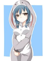  blue_hair breasts brown_eyes buttons commentary_request female furutani_himawari kou89 large_breasts looking_at_viewer pajamas rabbit_pajamas solo v_arms yuru_yuri 