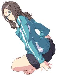  aqua-framed_eyewear arm_support barefoot black_shorts brown_eyes brown_hair commentary_request dutch_angle female full_body glasses jacket kouzuki_sanae looking_back ponytail sakura_quest shorts sitting solo yosiyomogi 