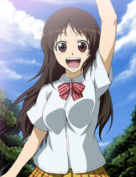  :d breasts brown_eyes brown_hair female kanzaki_miki open_mouth road_(artist) smile solo yowamushi_pedal 