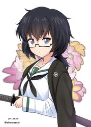  black-framed_eyewear black_eyes black_hair black_neckerchief blouse closed_mouth commentary cosmos_(flower) cropped_torso dated female floral_background flower girls_und_panzer glasses haori highres holding holding_sword holding_weapon japanese_clothes jimiko katana light_frown long_sleeves looking_at_viewer medium_hair messy_hair neckerchief octagram one-hour_drawing_challenge ooarai_school_uniform oryou_(girls_und_panzer) pink_flower purple_flower sakamoto_clan_(emblem) school_uniform semi-rimless_eyewear serafuku shiina_excel shirt short_ponytail solo standing sword twitter_username under-rim_eyewear upper_body weapon white_background white_flower white_shirt yellow_flower 