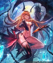  black_thighhighs blonde_hair breasts chains cleavage commentary_request female gem groin high_heels horns lack light_smile lord_of_vermilion lord_of_vermilion_iii medium_breasts milia_(lord_of_vermilion) navel panties pointy_ears red_eyes revealing_clothes single_thighhigh solo string_panties thighhighs underwear wings 