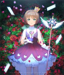  ahoge bloomers brown_hair cardcaptor_sakura clear_card commentary_request copyright_name crown dress female flower gloves green_eyes holding holding_staff kinomoto_sakura km_(kyoma0) looking_at_viewer mini_crown parted_lips petals red_dress red_flower red_rose rose see-through short_hair shorts shorts_under_dress sleeveless sleeveless_dress solo staff standing underwear white_gloves white_shorts yume_no_tsue 