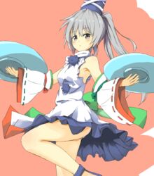  adapted_costume armpits bare_shoulders bluekalmia blush breasts commentary_request detached_sleeves dress expressionless female grey_eyes hat leg_up legs looking_at_viewer mononobe_no_futo panties pantyshot plate ponytail skirt small_breasts solo spinning standing tate_eboshi touhou triangle_mouth underwear white_panties 