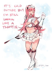  :d blue_background boots bra closed_eyes dancing facing_viewer fate/grand_order fate_(series) female gloves high_heel_boots high_heels highres holding idk-kun long_hair medb_(fate)_(all) medb_(fate/grand_order) open_mouth pink_hair riding_crop short_sleeves skirt smile solo standing twitter_username underwear white_bra white_footwear white_gloves white_skirt 