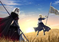  2girls ahoge armor armored_dress banner black_cape black_dress black_pantyhose blonde_hair blue_ribbon blue_sky braid cape cloud commentary_request day dress fate/grand_order fate_(series) floating_hair full_body gauntlets hair_ribbon highres holding holding_weapon jeanne_d&#039;arc_(fate) jeanne_d&#039;arc_(ruler)_(fate) jeanne_d&#039;arc_alter_(avenger)_(fate) jeanne_d&#039;arc_alter_(fate) lens_flare long_hair looking_at_viewer looking_back mebi_il multiple_girls outdoors pantyhose ponytail ribbon single_braid sky standing weapon white_hair yellow_eyes 