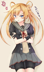  :t abukuma_(kancolle) abukuma_kai_ni_(kancolle) anger_vein angry bike_shorts bike_shorts_under_skirt black_gloves blonde_hair blue_eyes blush buttons commentary_request crossed_arms double_bun doyachii female gloves hair_between_eyes hair_bun hair_rings highres kantai_collection long_hair partially_fingerless_gloves pout school_uniform serafuku short_sleeves simple_background skirt solo translated twintails v-shaped_eyebrows 