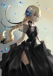  black_bow black_dress black_gloves black_thighhighs blonde_hair blue_eyes blue_flower bow braid choker commentary cowboy_shot dress fate/apocrypha fate/grand_order fate_(series) female floating_hair flower gloves hair_between_eyes hair_flower hair_ornament hairbow highres jeanne_d&#039;arc_(fate) jeanne_d&#039;arc_(formal_dress)_(fate) jewelry kaze_minoru_so-ru long_hair looking_at_viewer necklace petals single_braid skirt_hold sleeveless sleeveless_dress solo standing thighhighs very_long_hair white_flower 