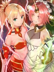  2girls asymmetrical_docking blonde_hair blue_eyes breast_press breasts bridal_veil choker cleavage clenched_teeth collarbone commentary_request dress elbow_gloves electricity eyes_visible_through_hair fate/apocrypha fate_(series) flower frankenstein&#039;s_monster_(fate) gloves green_eyes hair_flower hair_ornament hair_over_one_eye hair_scrunchie hand_on_another&#039;s_hip head_wreath heterochromia highres holding holding_sword holding_weapon horns long_hair mechanical_horns medium_breasts mordred_(fate) mordred_(fate/apocrypha) multiple_girls pink_hair ponytail red_scrunchie reuri_(tjux4555) scrunchie see-through short_hair single_horn sleeveless sleeveless_dress smile standing stomach swimsuit sword teeth underboob veil weapon wedding_dress white_dress white_flower white_gloves yellow_eyes 