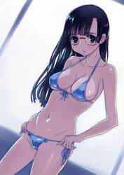  bikini black_hair blue_bikini breasts commentary_request cowboy_shot expressionless female front-tie_top glasses hair_ornament hairclip halterneck hands_on_own_hips hirose_(mokiki) long_hair looking_at_viewer lowleg lowleg_bikini medium_breasts navel original partial_commentary semi-rimless_eyewear side-tie_bikini_bottom solo swimsuit under-rim_eyewear 