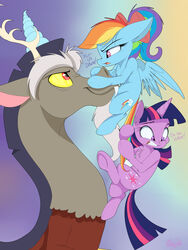  absurd_res chimera cutie_mark discord_(mlp) draconequus equid equine feathered_wings feathers female feral friendship_is_magic fur group hair hasbro hi_res horn male mammal mistydash my_little_pony mythological_creature mythological_equine mythology pegasus purple_body purple_fur purple_hair rainbow_dash_(mlp) trio twilight_sparkle_(mlp) unicorn wings 