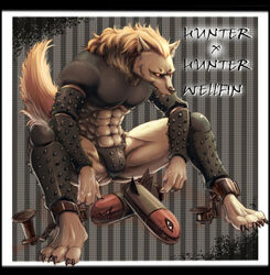  abs ankles_tied anthro armor bent_legs biped blonde_hair bondage bondage bound canid canine canis chains chimera_ant claws clothed clothing codpiece cuff_(restraint) digital_media_(artwork) english_text eyebrows full-length_portrait fur hair hunter_x_hunter inubikko leg_cuffs long_hair looking_at_viewer male mammal metal_cuffs misleading_thumbnail missile muscular muscular_anthro muscular_male muscular_sub nails obliques pecs portrait red_eyes restrained restraints shackles sitting skimpy solo spikes spread_legs spreading stake submissive submissive_male text thong tie-out unconvincing_armor underwear welfin_(hunter_x_hunter) white_body white_fur wolf 