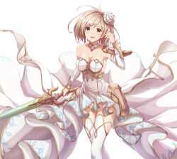  breasts brown_eyes brown_hair choker cleavage collarbone commentary_request detached_sleeves djeeta_(granblue_fantasy) dress female flower glorybringer_(granblue_fantasy) granblue_fantasy hair_flower hair_ornament highres holding holding_sword holding_weapon long_hair looking_at_viewer medium_breasts open_mouth sakaokasan simple_background sleeveless sleeveless_dress solo standing striped_clothes striped_dress sword thighhighs weapon white_background white_dress white_flower white_thighhighs 