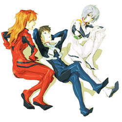  1boy 2girls angry ayanami_rei baariya black_hair blue_eyes blue_hair bodysuit ikari_shinji lying multiple_girls neon_genesis_evangelion plugsuit red_eyes red_hair simple_background sitting soryu_asuka_langley 