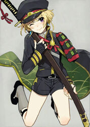  1boy ;) armor blonde_hair blush cape commentary_request cosplay earrings hat holding holding_weapon hoshimaru_daichi hotarumaru hotarumaru_(cosplay) idolmaster idolmaster_side-m japanese_armor jewelry legwear_garter looking_at_viewer male_focus military military_hat military_uniform one_eye_closed pierre_bichelberger purple_eyes shorts shoulder_armor smile socks sode solo sword touken_ranbu uniform weapon 