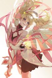  alternate_hairstyle backlighting blonde_hair blue_eyes breasts cleavage commentary dress elbow_gloves english_commentary female fingerless_gloves floating_hair gloves halo light_smile lips looking_at_viewer mechanical_halo mechanical_wings medium_breasts mercy_(overwatch) official_alternate_costume overwatch overwatch_1 parted_lips pink_dress pink_mercy pink_ribbon ribbon shilin solo staff twintails watermark web_address wings 