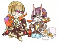  1boy :d bag bespectacled blonde_hair bottle cardigan chibi chips_(food) coca-cola commentary_request cosplay doughnut fangs fate/extra fate/extra_ccc fate/grand_order fate_(series) female food glasses handbag horns jinako_carigiri jinako_carigiri_(cosplay) kano_shinobu karna_(fate) karna_(fate)_(cosplay) oni open_mouth pizza pizza_box potato_chips purple_hair sakata_kintoki_(fate) shuten_douji_(fate) skin-covered_horns smile soda_bottle sunglasses voice_actor_connection yusa_kouji yuuki_aoi 