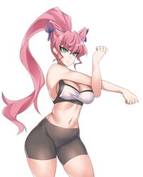  bike_shorts black_shorts breasts cleavage commentary_request cross-body_stretch female flower green_eyes hair_flower hair_ornament hevn high_ponytail large_breasts long_hair maria_cadenzavna_eve navel pink_hair senki_zesshou_symphogear shorts simple_background solo sports_bra stretching sweat v-shaped_eyebrows very_long_hair white_background 