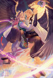  2boys animal_ears artist_name barefoot black_wings blue_eyes braid commentary_request geta greeny_(maindo) hair_ornament hair_stick hand_fan highres long_hair looking_at_viewer multiple_boys onmyoji ootengu_(onmyoji) paper_fan photoshop_(medium) pink_hair sandals tattoo unworn_sandals watermark web_address white_hair wings yellow_eyes youko_(onmyoji) 