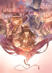  3girls absurdres alternate_costume analog_clock bat_(animal) between_fingers black_coat black_hair black_headwear black_vest blonde_hair bow braid brown_hair building buttoned_cuffs buttons chinese_commentary clock cloud coat collared_shirt commentary_request cosplay dagger deerstalker detective fedora foreshortening frilled_hair_tubes frills gears gradient_background green_ribbons grey_hair gun hair_ornament hair_over_one_eye hair_scrunchie hair_tubes hakurei_reimu handgun hat highres holding holding_gun holding_knife holding_weapon izayoi_sakuya jack_the_ripper jack_the_ripper_(cosplay) john_hamish_watson john_hamish_watson_(cosplay) kirisame_marisa knife knives_between_fingers long_hair long_sleeves mauser_c96 multiple_girls neck_ribbon norizc photoshop_(medium) pink_background pocket_watch red_eyes red_scrunchie ribbon roman_numeral scarlet_devil_mansion scrunchie sherlock_holmes sherlock_holmes_(cosplay) shirt short_hair simple_bird smoking_pipe steampunk the_adventures_of_sherlock_holmes top_hat touhou tower trench_coat trigger_discipline twin_braids upper_body vest victorian watch weapon white_shirt yellow_eyes yellow_ribbon 