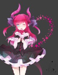  blue_eyes circle_skirt commentary_request detached_sleeves elizabeth_bathory_(fate) elizabeth_bathory_(fate/extra_ccc) elizabeth_bathory_(first_ascension)_(fate) fate/extra fate/extra_ccc fate_(series) female highres horns komame_yuzu long_hair one_eye_closed pink_hair pointy_ears solo sparkle tail two_side_up 