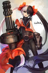  artist_name bad_id bad_pixiv_id belt black_eyes blade_&amp;_soul eyepatch female gatling_gun gauntlets gun highres leather leather_pants leotard long_hair mitsudomoe_(shape) multicolored_hair open_mouth pants pohwaran ribbon sleeveless solo split-color_hair swd3e2 tomoe_(symbol) twintails two-tone_hair very_long_hair weapon 