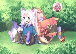  :d absurdres animal_ears back-to-back blue_skin blush claws day female fox_ears fox_tail geta grass highres kitsune long_hair low-tied_long_hair ofuda onmyoji open_mouth outdoors paws pink_hair pointy_ears ponytail sitting smile speech_bubble tail tattoo tiaotiaomeimei white_hair wide_sleeves youko_(onmyoji) yufeng_kaete 