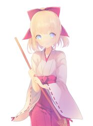  alternate_costume artoria_pendragon_(fate) blonde_hair blue_eyes broom commentary_request fate/stay_night fate_(series) female highres japanese_clothes komame_yuzu miko saber_(fate) solo wide_sleeves 