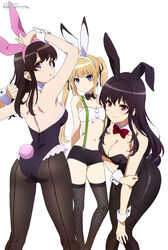  absurdres animal_ears arms_up ass back back-seamed_legwear backless_outfit bandeau bangs bare_arms bare_back bare_shoulders black_hair black_hairband black_legwear blonde_hair blue_eyes breasts bunny_ears bunny_girl bunny_tail bunnysuit cleavage closed_mouth contrapposto detached_collar fake_animal_ears fake_tail feet_out_of_frame fine_fabric_emphasis fishnet_legwear fishnets frilled_leotard frills green_suspenders hairband hand_on_own_arm hand_up highres kasumigaoka_utaha katou_megumi large_breasts leotard long_hair looking_at_viewer looking_back lowleg lowleg_shorts md5_mismatch megami multiple_girls official_art pantyhose pink_hairband saenai_heroine_no_sodatekata sawamura_spencer_eriri scan seamed_legwear short_shorts shorts shoulder_blades sideboob sidelocks simple_background small_breasts smile standing strapless strapless_leotard suspender_shorts suspenders tail tamura_satomi thighhighs twintails unaligned_ears white_background white_bandeau white_hairband wing_collar wrist_cuffs 