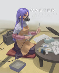  airbrush apron blue_eyes blue_hair carnival_phantasm commentary_request fate/stay_night fate_(series) female gas_mask long_hair mask medea_(fate) paint paintbrush photoshop_(medium) pointy_ears scotishfold solo tissue_box 