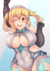  ;d between_breasts blonde_hair blush breasts cleavage commentary_request covered_navel cowboy_shot elbow_gloves female gloves goodsmile_racing headphones heo_(tkgm) huge_breasts leotard looking_at_viewer necktie necktie_between_breasts nitroplus one_eye_closed open_mouth orange_eyes plump race_queen round_teeth short_hair skin_tight smile solo super_pochaco teeth twintails 