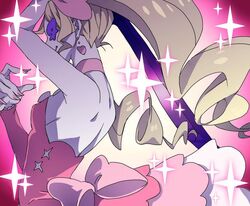  blonde_hair bow commentary_request dress drill_hair earrings eyepatch female harime_nui jewelry kill_la_kill kippeijii long_hair nail_polish pink_bow pink_dress solo twin_drills twintails 