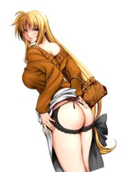  ass backless_panties bag black_bow black_panties blonde_hair blush bow clothes_lift commentary_request cowboy_shot fate_testarossa female from_behind hairbow handbag itachou lace lace-trimmed_panties lace_trim long_hair long_sleeves looking_at_viewer looking_back low-tied_long_hair lyrical_nanoha mahou_shoujo_lyrical_nanoha off_shoulder orange_eyes panties parted_bangs parted_lips skirt skirt_lift solo sweater underwear variant_set very_long_hair white_skirt 