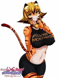  :3 anthro big_breasts biped blonde_hair bottomwear breasts clothed clothing felid female fur green_eyes hair hi_res japanese kemono looking_at_viewer mammal midriff navel nipple_outline pantherine saffron_(safurantora) safurantora short_hair shorts simple_background skimpy smile solo spandex spandex_shorts standing thong tiger tight_bottomwear tight_clothing tight_shorts underwear 