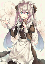  :d apron bad_id bad_pixiv_id black_ribbon black_shirt black_skirt blue_eyes commentary fate/grand_order fate_(series) female flower grey_hair hair_between_eyes highres index_finger_raised lily_(flower) long_hair long_skirt maid maid_headdress marie_antoinette_(animejapan_2016)_(fate) marie_antoinette_(fate) neck_ribbon official_alternate_costume open_mouth ranmaruuuu00 ribbon shirt skirt smile solo standing twintails very_long_hair white_apron white_flower 