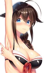  adapted_costume ahoge arm_up armpits bikini black_bikini blue_eyes blush braid breasts brown_hair closed_mouth collarbone commentary_request embarrassed female hair_between_eyes hair_flaps highres kantai_collection large_breasts lips long_hair looking_at_viewer ntk_(7t5) sailor_bikini sailor_collar shigure_(kancolle) shigure_kai_ni_(kancolle) shiny_clothes simple_background single_braid solo swimsuit upper_body white_background 