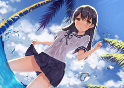  ahoge black_hair black_skirt breasts brown_eyes cloud cloudy_sky coconut_tree commentary_request day female hatsu_(first_snow) kantai_collection medium_breasts navel neck_ribbon outdoors palm_tree pleated_skirt ribbon school_uniform see-through serafuku skirt sky solo thighhighs tree ushio_(kancolle) water water_drop 