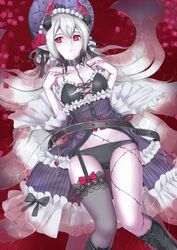  afloat breasts character_request commentary_request corset demon_horns female fishnet_thighhighs fishnets garter_straps ginko_(nico) horns long_hair lord_of_vermilion medium_breasts mole mole_under_eye red_eyes silver_hair single_thighhigh solo thighhighs 