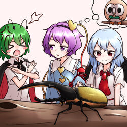  &gt;_&lt; 3girls anger_vein antennae ascot beetle black_cape blue_hair blue_shirt blush blush_stickers brooch bug buttons cape closed_eyes commentary_request dress green_hair hair_ornament hairband heart heart_button heart_hair_ornament hercules_beetle jewelry kameyan komeiji_satori multiple_girls oerba_yun_fang pink_background pointing pokemon pokemon_(creature) pokemon_sm purple_eyes purple_hair red_eyes remilia_scarlet rhinoceros_beetle rowlet shirt short_hair short_sleeves third_eye thought_bubble touhou white_dress white_shirt wings wriggle_nightbug x_arms 