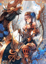  armor axe barding battle_axe blue_flower blue_rose breasts cleavage cleavage_cutout clothing_cutout commentary_request female fishnet_thighhighs fishnets flower gauntlets glowing glowing_eyes greaves green_eyes hair_between_eyes hair_flower hair_ornament holding holding_reins horse horseback_riding large_breasts light_smile long_hair matsumoto_mitsuaki original pegasus petals photoshop_(medium) pleated_skirt polearm ponytail reins riding rose silver_hair sitting skirt solo thighhighs tiara weapon 