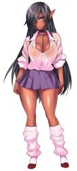  black_choker black_hair black_skirt breasts choker cleavage collared_shirt commentary_request contrapposto dark-skinned_female dark_elf dark_skin dress_shirt ear_piercing elf female gyaru hair_over_one_eye hevn high_heels kogal kuroinu_~kedakaki_seijo_wa_hakudaku_ni_somaru~ large_breasts leg_warmers long_hair long_sleeves looking_at_viewer microskirt no_bra olga_discordia piercing pleated_skirt pointy_ears red_footwear school_uniform shirt skirt sleeves_rolled_up solo standing very_long_hair white_legwear white_shirt yellow_eyes 