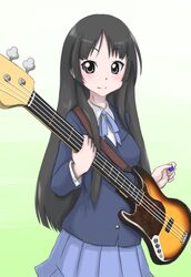  akiyama_mio black_eyes black_hair commentary_request electric_guitar female guitar instrument k-on! long_hair plectrum pxton sakuragaoka_high_school_uniform school_uniform 