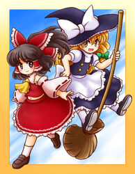  2girls apron ascot black_eyes black_footwear black_hair black_hat black_vest blonde_hair bow broom brown_footwear commentary_request detached_sleeves eyebrows green_bow hair_ribbon hair_tubes hairbow hakurei_reimu hat kirisame_marisa long_hair multiple_girls navel nitamago puffy_short_sleeves puffy_sleeves red_bow ribbon shoes short_sleeves sidelocks sky socks touhou tress_ribbon vest waist_apron white_bow white_socks wide_sleeves witch_hat yellow_eyes 