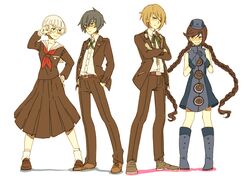  2boys 2girls ai-wa bespectacled blonde_hair blue_hair boots braid brown_hair commentary_request cosplay costume_switch crossed_arms crossover danganronpa:_trigger_happy_havoc danganronpa_(series) dress elizabeth_(persona) elizabeth_(persona)_(cosplay) fukawa_toko fukawa_toko_(cosplay) gekkoukan_high_school_uniform glasses hands_in_pockets hat ishida_akira_(voice_actor) knee_boots multiple_boys multiple_girls no_eyewear persona persona_3 sawashiro_miyuki school_uniform serafuku togami_byakuya togami_byakuya_(cosplay) twin_braids voice_actor_connection white_hair yuuki_makoto_(persona_3) yuuki_makoto_(persona_3)_(cosplay) 