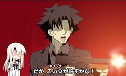  1boy aoi_masami arms_at_sides blonde_hair cheekbones commentary_request curtains drum_magazine emiya_kiritsugu fake_screenshot fate/kaleid_liner_prisma_illya fate/zero fate_(series) female firing formal gun illyasviel_von_einzbern jesus_revenge_(meme) long_hair magazine_(weapon) meme neckerchief open_collar open_mouth parody parted_bangs revenge sailor_collar sailor_shirt shaded_face shirt short_sleeves sidelocks spiked_hair stupid_movie_sequels submachine_gun suit thompson_submachine_gun translated weapon 