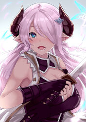  armpits asymmetrical_gloves black_vest blue_eyes breasts bug butterfly cleavage cleavage_cutout clothing_cutout coat commentary_request draph elbow_gloves female fingerless_gloves gloves gradient_background granblue_fantasy grey_background hair_ornament hair_over_one_eye hairclip horns large_breasts light_purple_hair long_hair looking_at_viewer narmaya_(granblue_fantasy) opanchu_(hakusen) open_clothes open_coat open_mouth pointy_ears sleeveless sleeveless_coat solo sword uneven_gloves upper_body vest weapon 